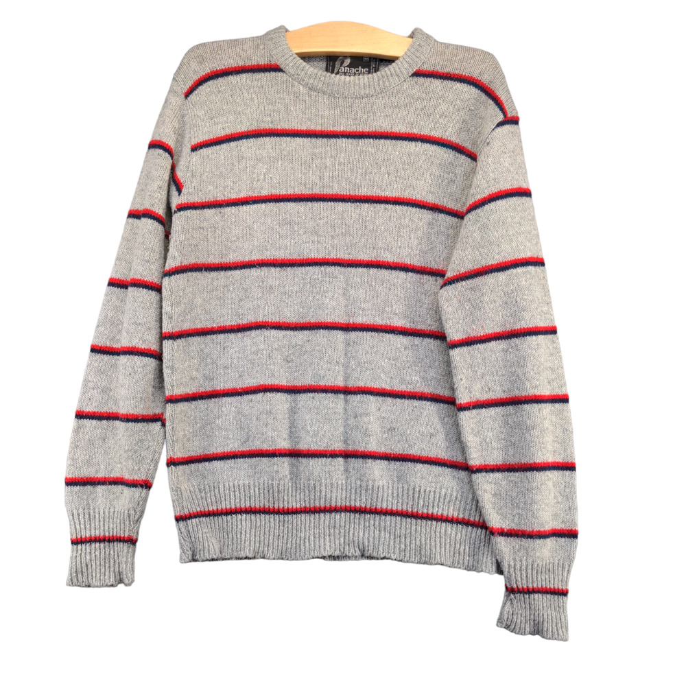 Panache Men's Pullover Knit Sweater Gray Medium Striped Crew Neck Ribbed Trim